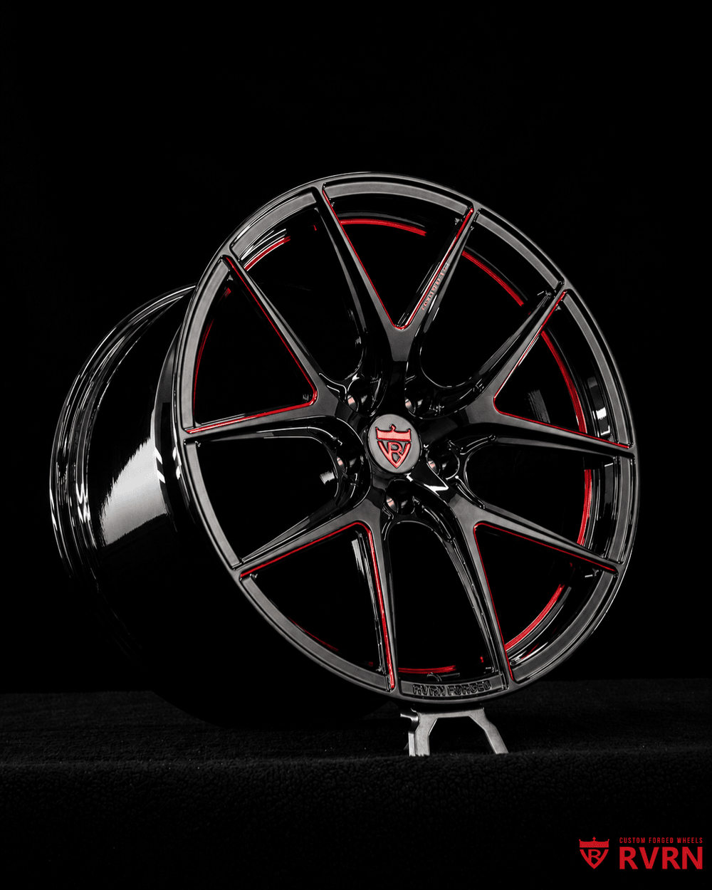 Corvette C7 custom wheels with black and red finish, custom forged Y spoke wheels by RVRN Wheels, built in 19x10 front and 20x12 rear sizes.