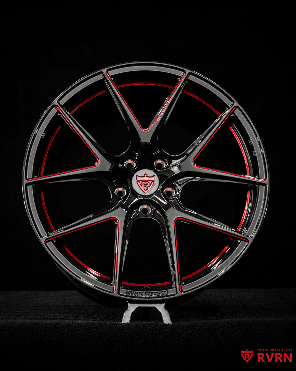 RVRN RV-MC61 Corvette C7 Grand Sport wheels in Gloss Black with Red accents, custom 1 piece forged Y spoke wheels, Front 19x10 +43MM Rear 20x12 +59MM.