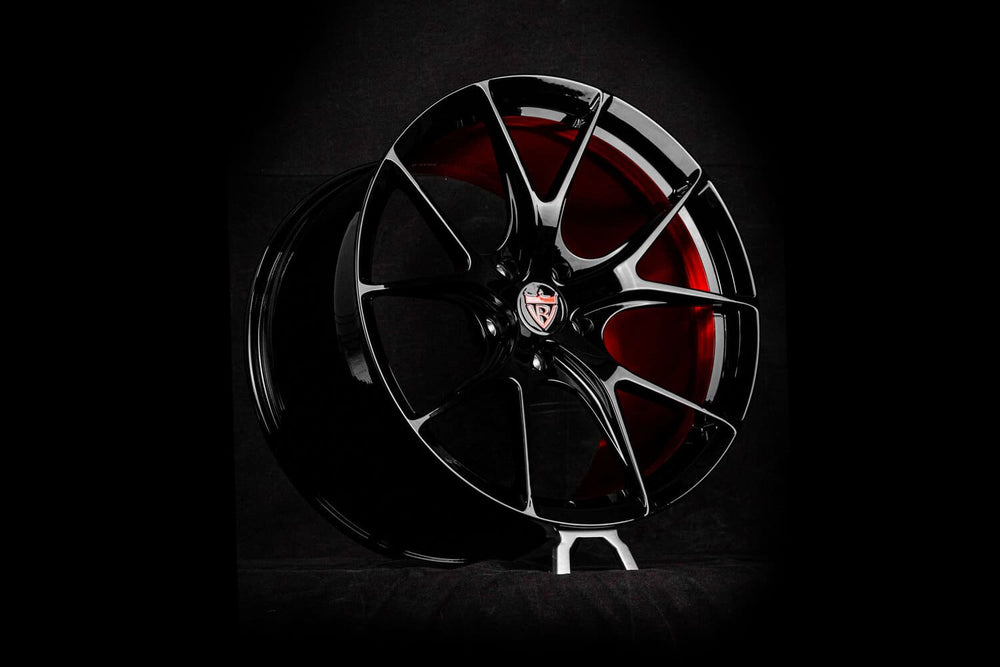 Gloss black five-spoke RVRN RV-MR05 forged wheel with a Crystal Burgundy inner barrel, custom wheels for the 2019 Corvette C7 Grand Sport