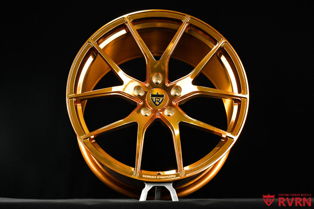 Rear wheel detail of a 2019 Corvette C7 Z06 featuring a 20x12 RVRN RV-MC24 polished bronze concave forged wheel.