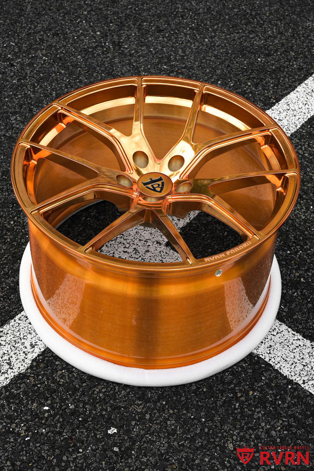 Front view of 2019 Corvette C7 Z06 wheels featuring RVRN RV-MC24 polished bronze Y-spoke concave forged design in 19x10.