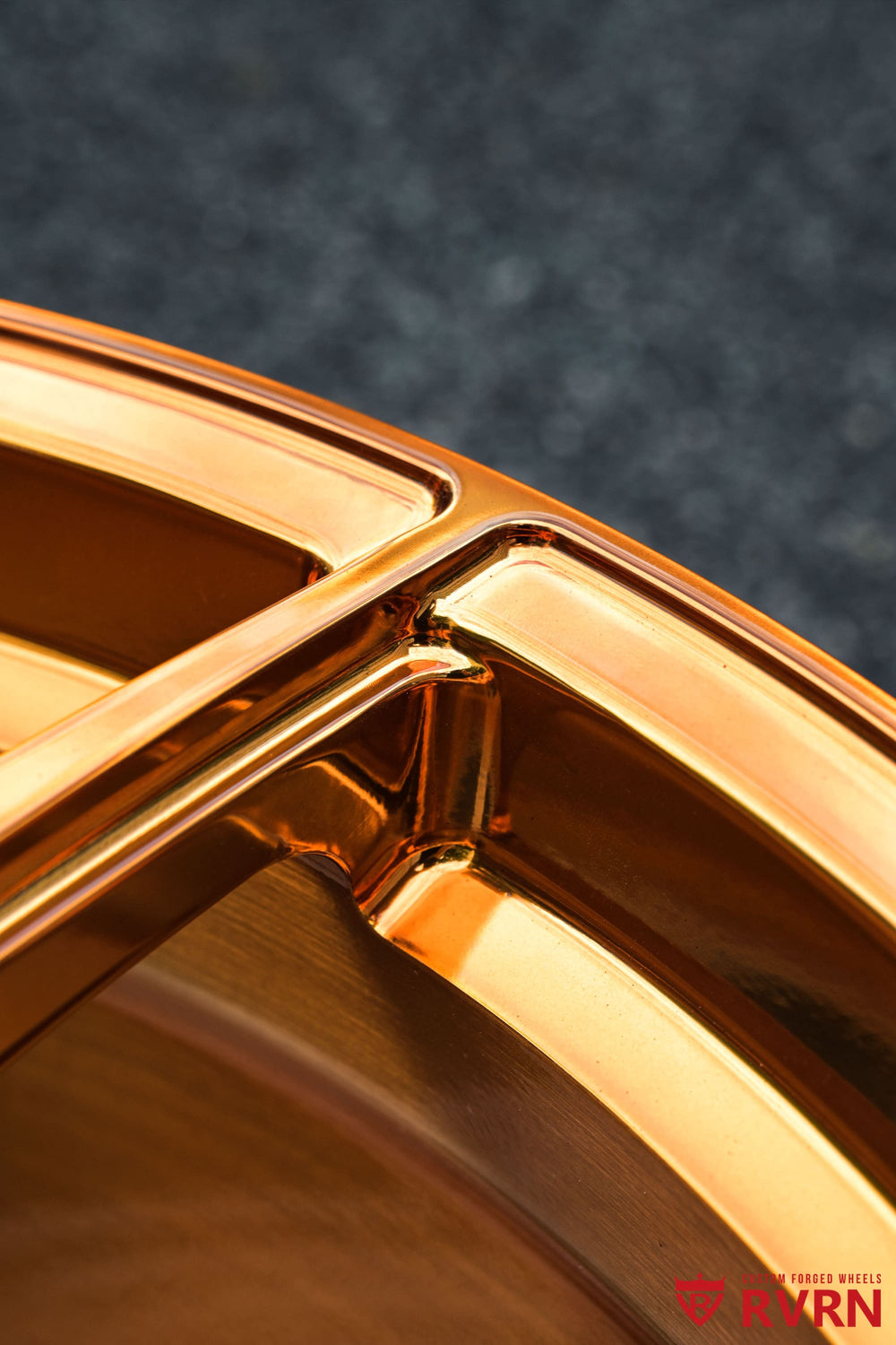 Close-up of the concave Y-spoke profile on RVRN RV-MC24 forged wheels in polished bronze for a 2019 Corvette C7 Z06.