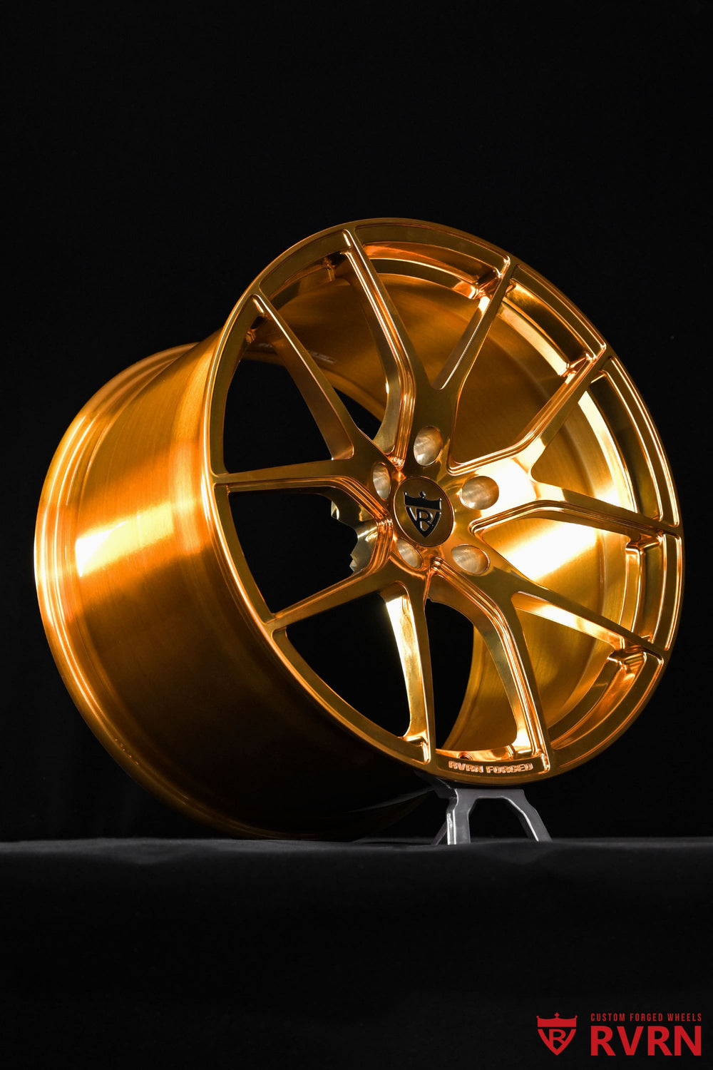 Barrel detail of an RVRN RV-MC24 20x12 polished bronze forged wheel, custom fitted for a Corvette C7 Z06.