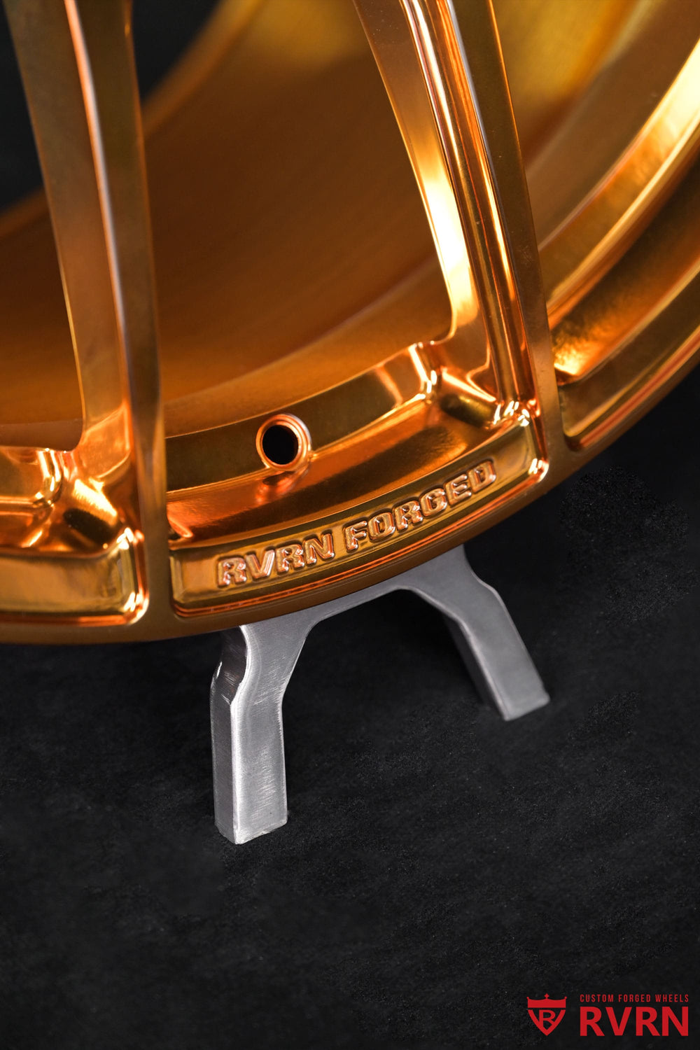 Detailed view of the polished bronze finish and Y-spoke design on an RVRN RV-MC24 custom forged wheel for the 2019 Corvette C7 Z06.