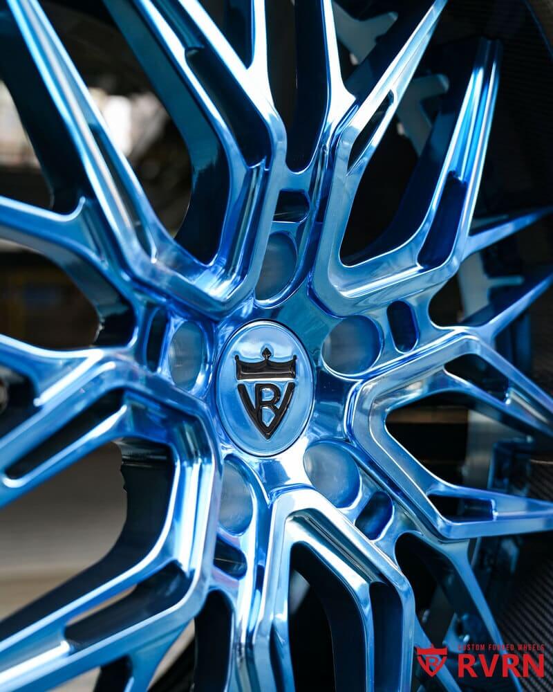 Deep concave view of polished blue forged ZR1 wheels