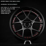 Bespoke forged 2-piece black wheel with red screws for 2019 Mustang GT, 20x9.5 inch size, custom-built, PCD 5x114.3mm, matte and gloss finish