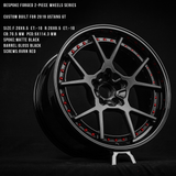 Bespoke forged 2-piece wheels for 2019 Mustang GT in matte black with gloss black barrel and red screws