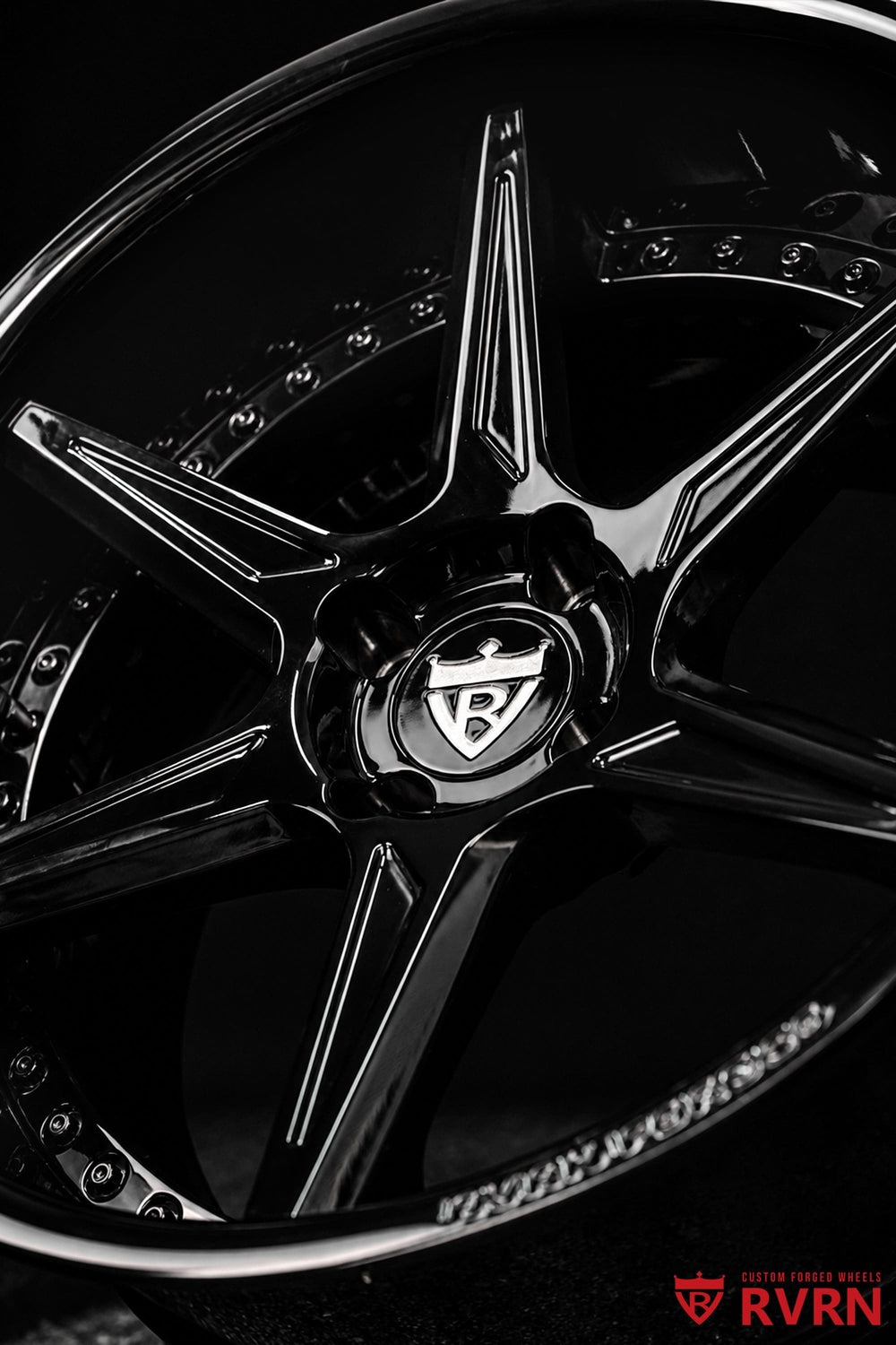 Side-angle view of custom RVRN RV-DC19 forged wheels for Mazda MX-5, featuring a gloss black 6-spoke concave design in 17x8.5 and 17x10