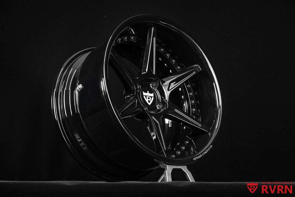 RVRN gloss black forged rims for Mazda MX-5 with a 6-spoke concave face, custom 17x8.5 +13MM fitment designed for a tailored stance
