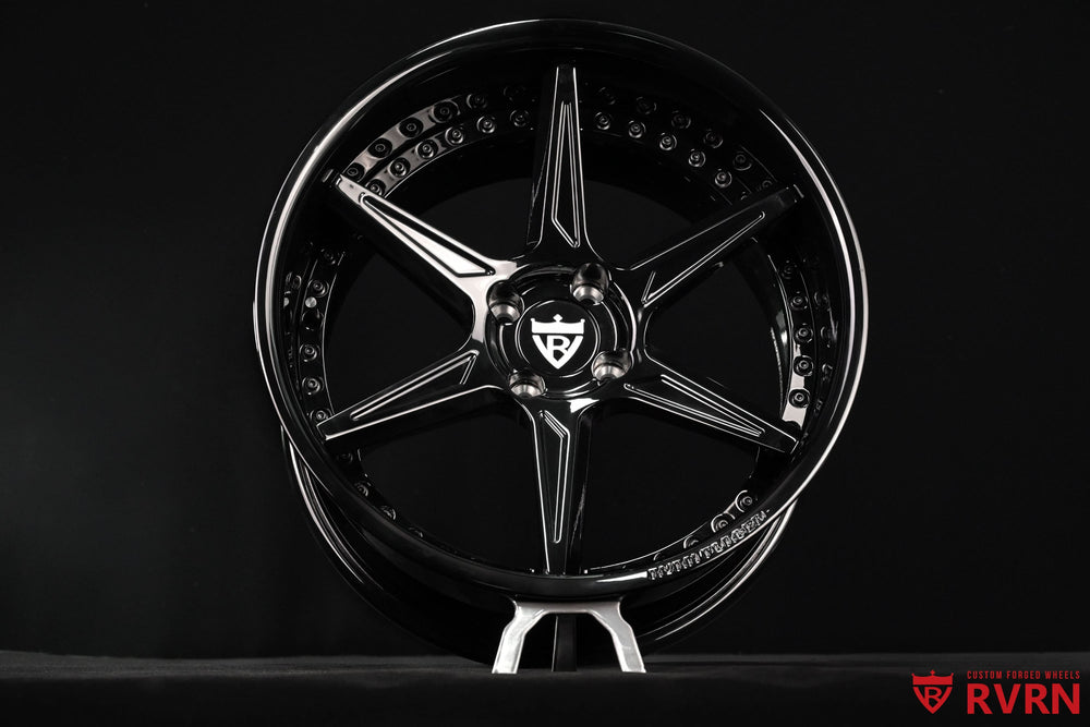 Detailed view of the RVRN RV-DC19 Mazda MX-5 forged wheel face, highlighting the concave 6-spoke profile and all gloss black finish