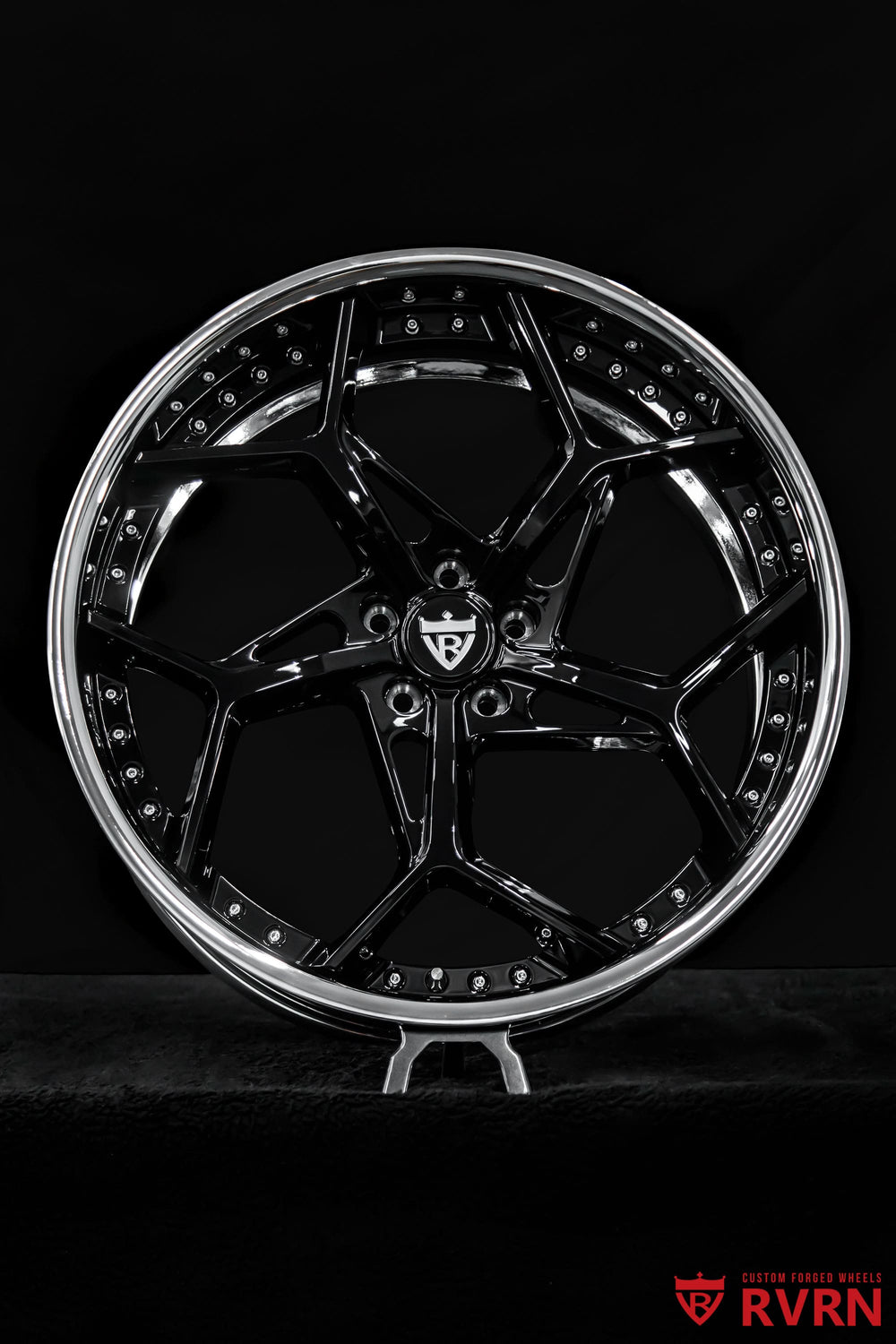 RVRN RV-DV03 Mercedes forged wheels with gloss black Y-spokes and polished chrome barrel, custom-built in 22-inch fitment for the S560 Coupe