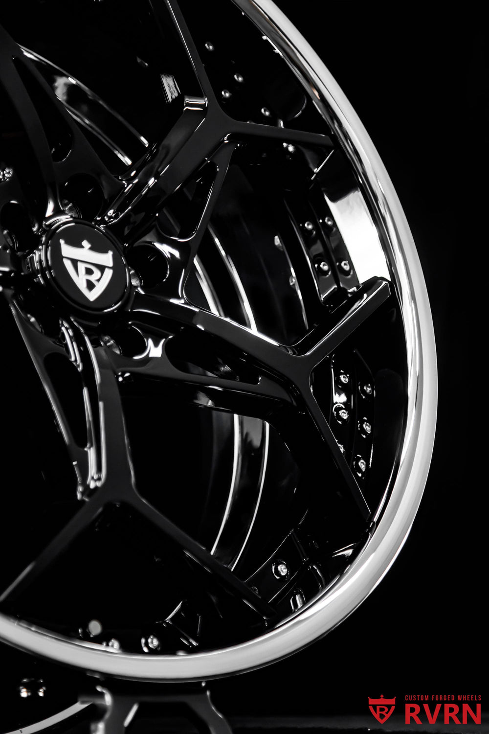 Side view of custom Mercedes S560 Coupe wheels featuring the RV-DV03 Y-spoke deep dish profile, gloss black spokes, chrome barrel and staggered 22x9 and 22x10.5 sizes