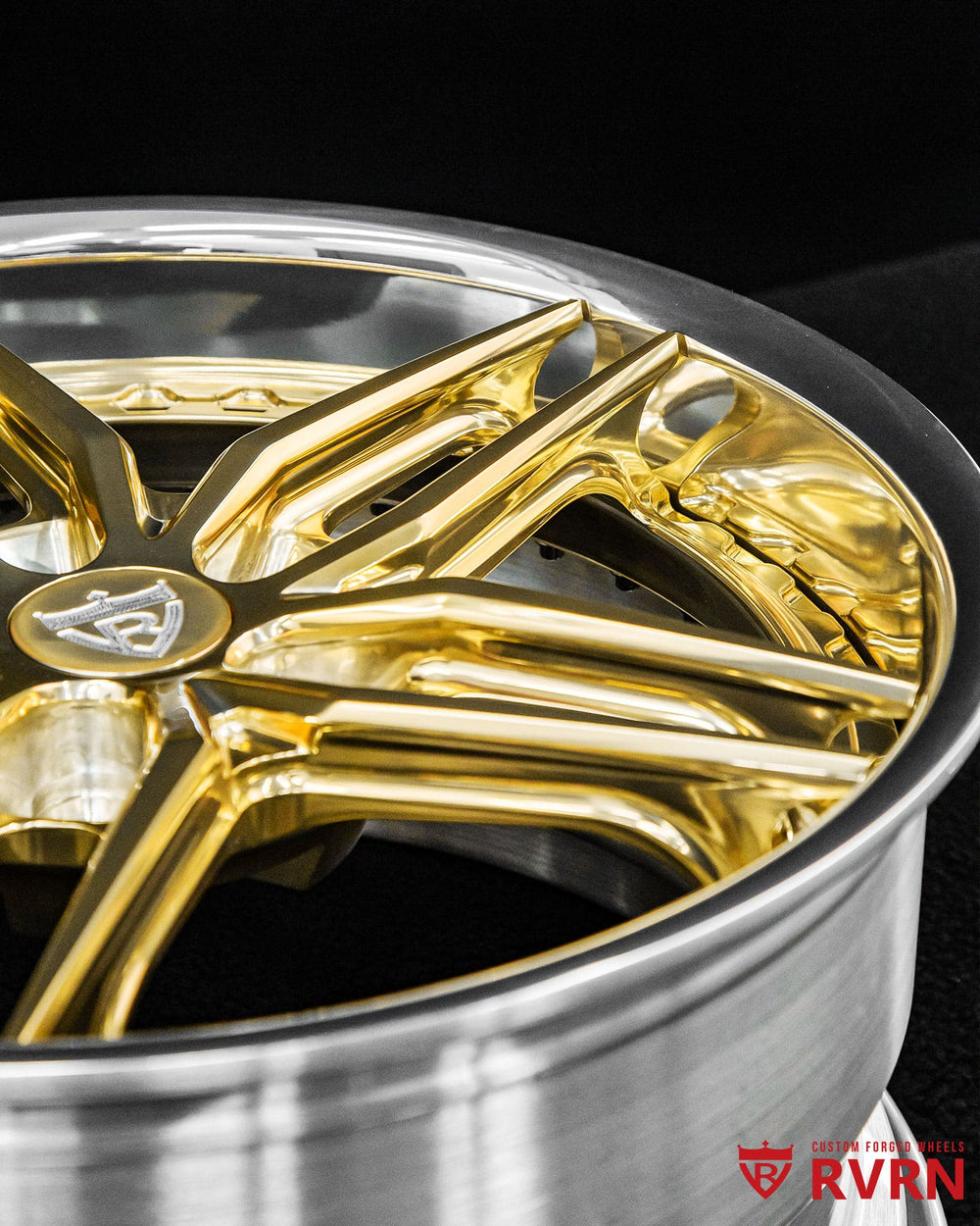 Side profile of Mercedes S560 with RVRN DP03 2-piece forged wheels polished gold spokes and chrome lip.