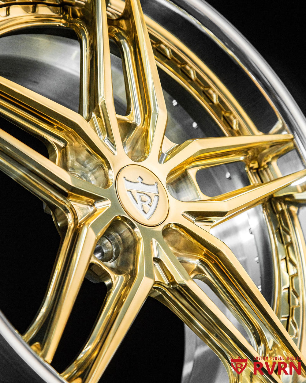 Close-up of polished frozen gold 5-spoke concave forged wheel design by RVRN for Mercedes S-Class.