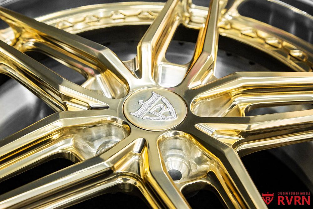 Mercedes-Benz S560 forged wheels RVRN DP03 polished frozen gold front angle view, 19x8.5 19x9.5 concave 5-spoke 2-piece with hidden screws.