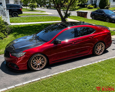 2019 Acura TLX on RVRN RV-MR616 custom forged wheels in Polished Rose Gold, side profile on the driveway showing the deep dish design and 20x9 fitment.