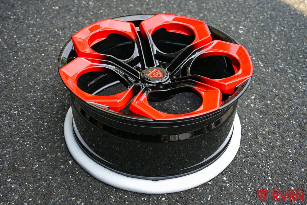 Custom forged 20" Audi RS5 wheel front view – black & red concave