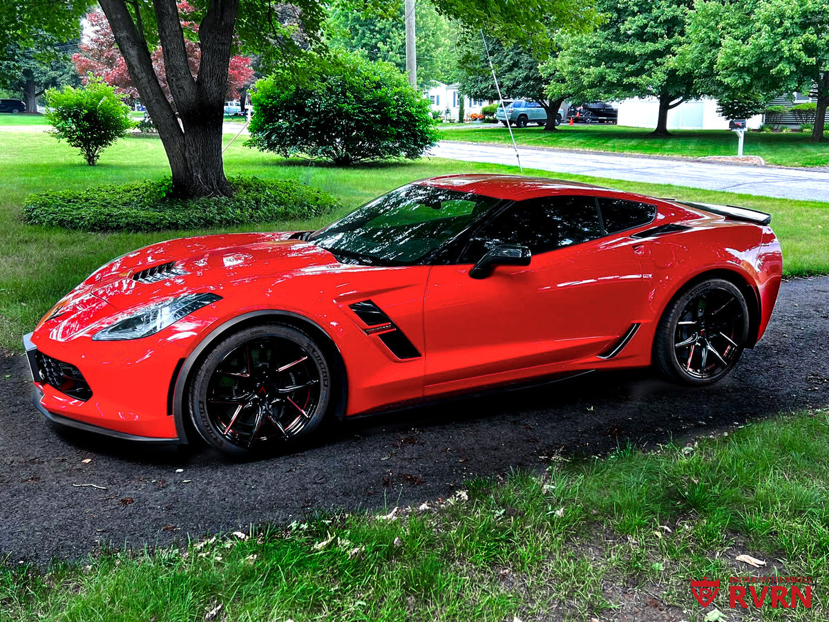 2019 Corvette C7 Grand Sport rims with RVRN RV-MC61 Y-spoke custom forged wheels in gloss black with red accents, 19x10 front and 20x12 rear.