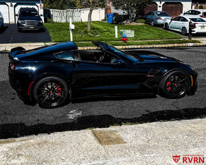 2019 Corvette C7 Grand Sport on RVRN RV-MJ02 10-spoke custom forged wheels in Satin Black finish, rear three-quarter view.