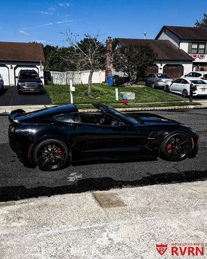 2019 Corvette C7 Grand Sport on RVRN RV-MJ02 10-spoke custom forged wheels in Satin Black finish, side profile.
