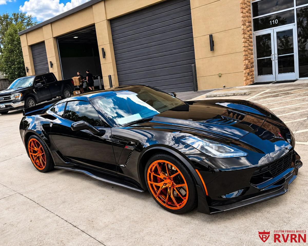 2019 Corvette C7 Z06 on RVRN RV-MC24 1-piece forged monoblock wheels in polished bronze, front three-quarter view.
