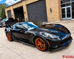 2019 Corvette C7 Z06 on RVRN RV-MC24 1-piece forged monoblock wheels in polished bronze, front three-quarter view.