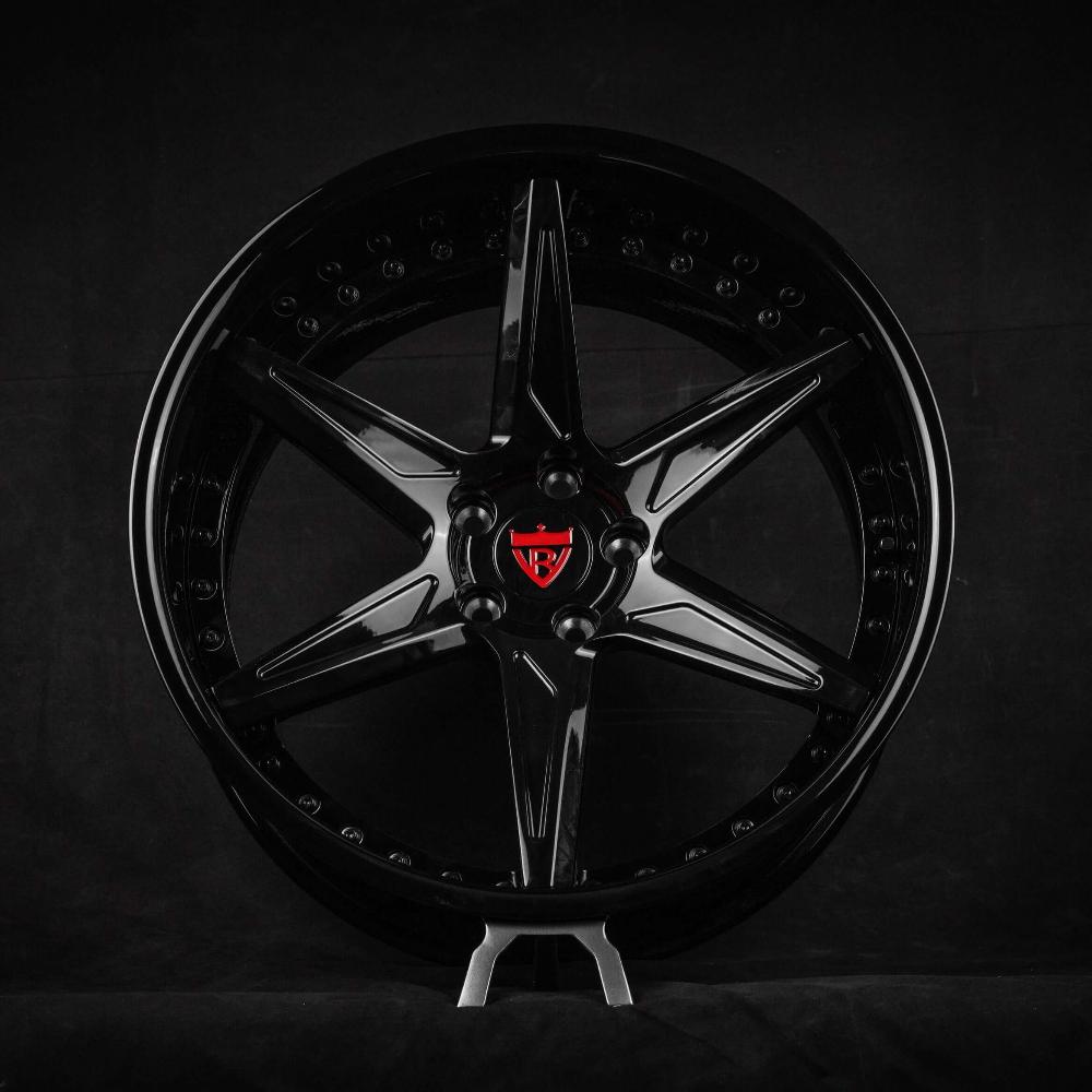 Glossy black custom-forged 2-piece wheel with red center cap, perfect for Dodge charger hellcat, available in 17"-26" sizes