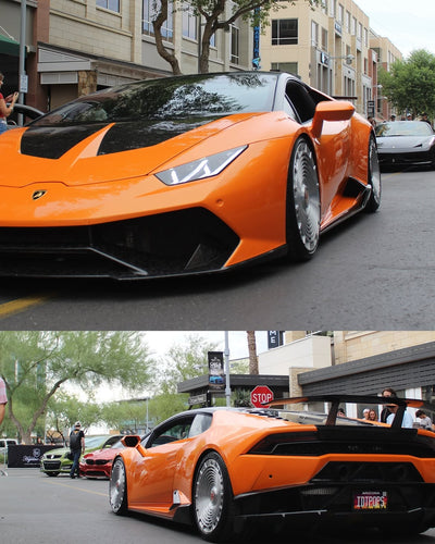 2019 Lamborghini Huracan LP-580 on RVRN RV-MD02 custom forged wheels in Brushed Aluminum finish, front and rear views driving at Cars and Coffee event.