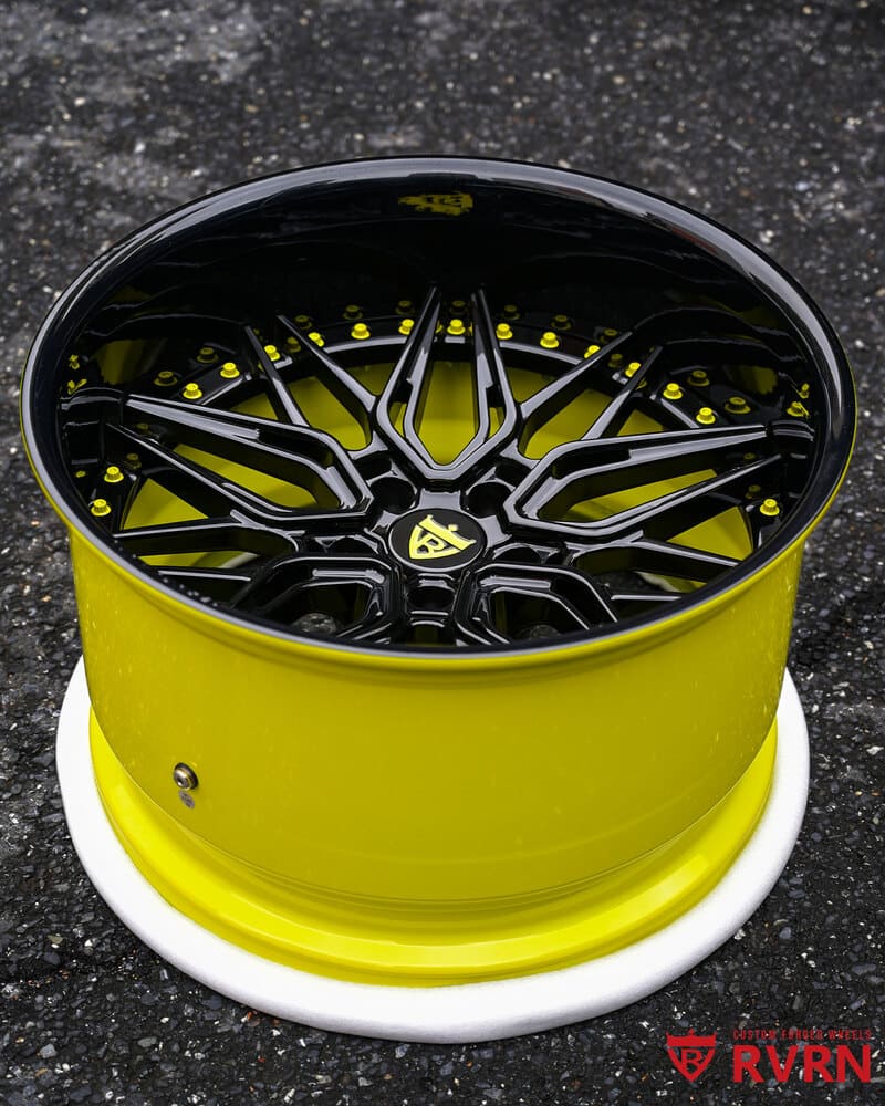 Color-matched yellow and black custom C8 wheel set
