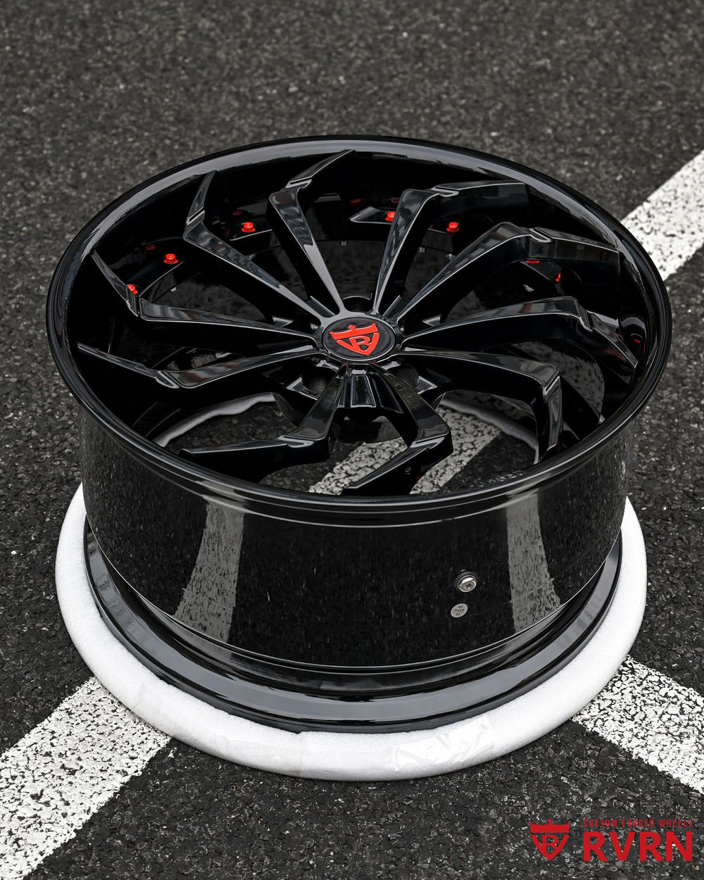 RVRN RV-DC06 Corvette C8 Stingray wheels featuring directional spoke design, gloss black finish and custom forged construction