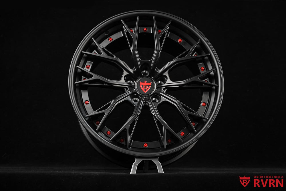 Close-up of the matte black spokes of RV-DC04 custom forged wheels for 2020 Camaro.