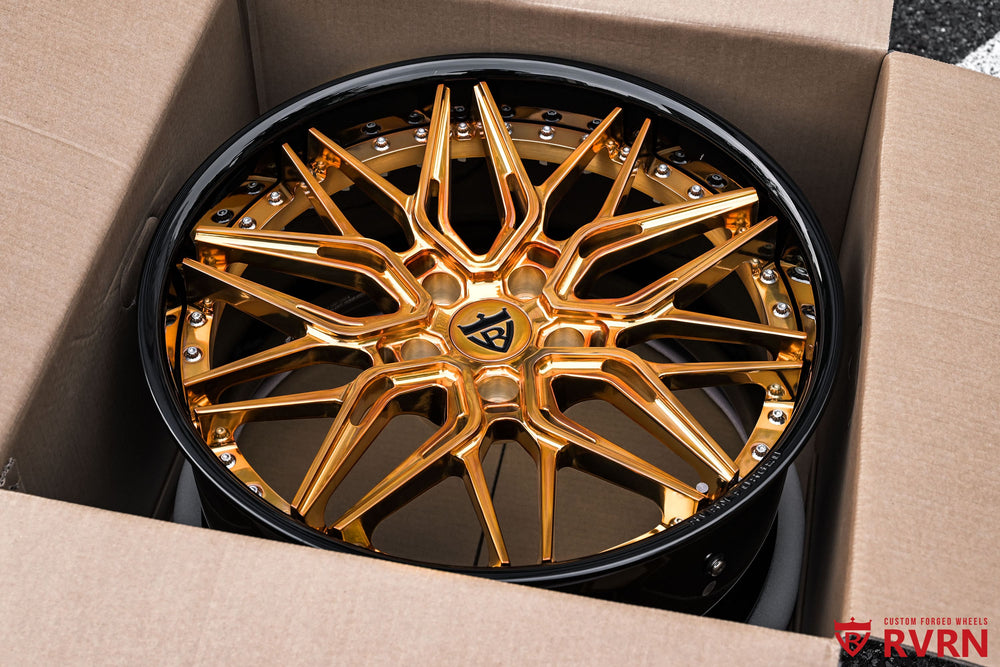 Close-up of the polished bronze spokes on RVRN RV-T081 custom C8 forged wheels designed for a 2020 Corvette C8 Z51, sized 19x8.5 front and 20x11 rear.