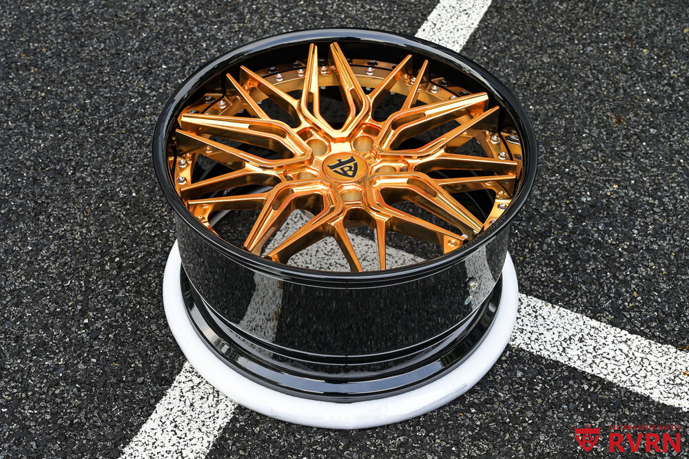 Front three-quarter view of a 2020 Corvette C8 Z51 on RVRN RV-T081 custom forged wheels with polished bronze spokes and gloss black barrels, 19x8.5 front and 20x11 rear.