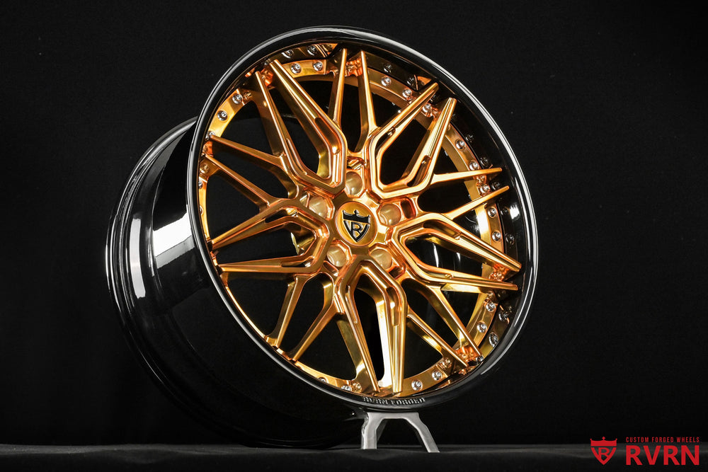 Detailed view of the gloss black barrel on RVRN RV-T081 Corvette C8 forged wheels with polished bronze spokes, custom fitment in 19x8.5 and 20x11.