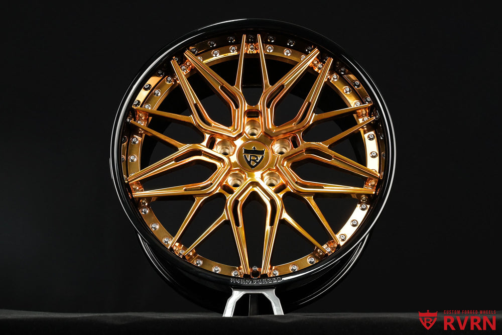 Detailed spoke profile of RVRN RV-T081 Corvette C8 wheels featuring a polished bronze finish and custom forged construction for a 2020 C8 Z51