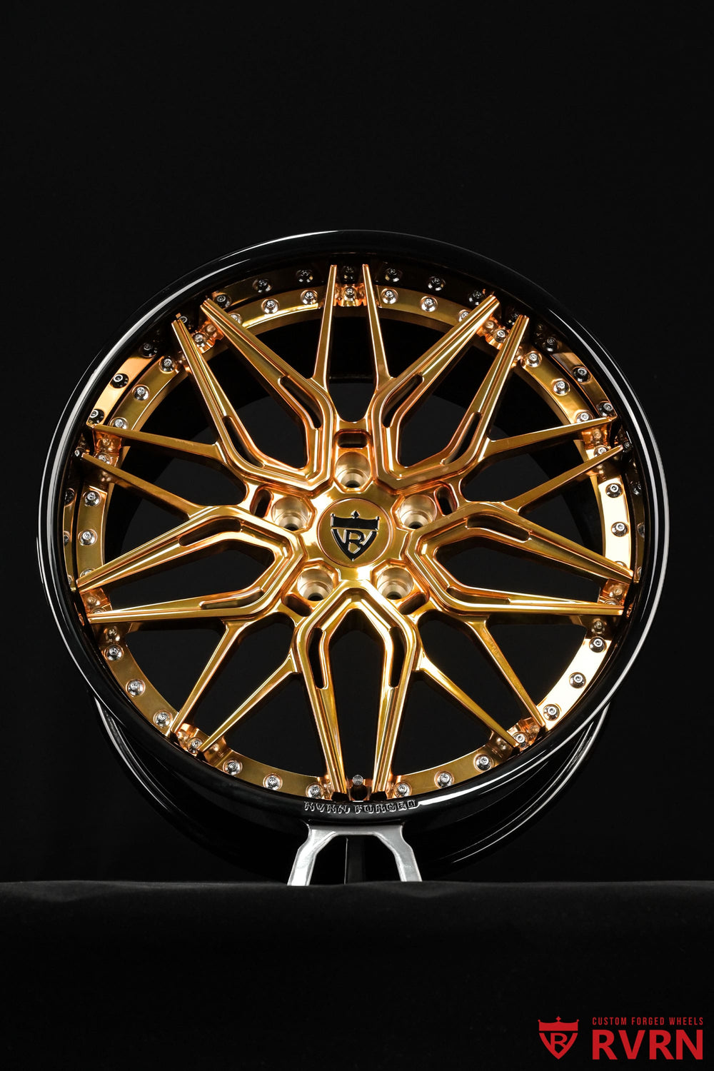 Rear wheel detail of a 2020 Corvette C8 Z51 featuring RVRN RV-T081 custom forged wheels with polished bronze spokes and gloss black barrels, 20x11 rear.