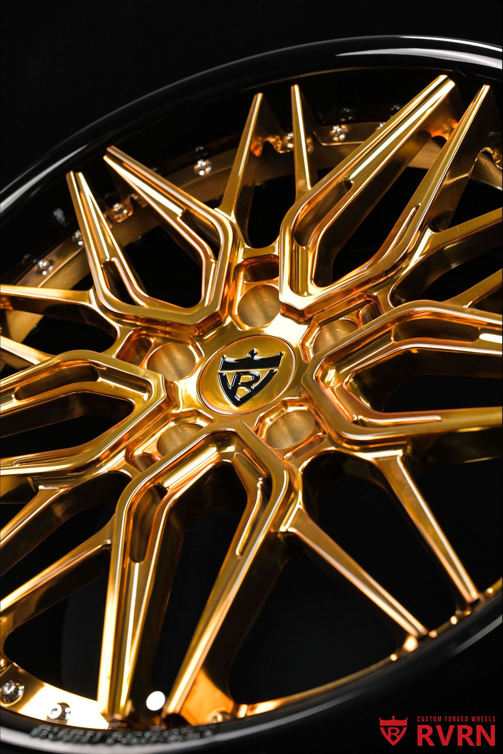 Front wheel detail of a 2020 Corvette C8 Z51 fitted with RVRN RV-T081 polished bronze rims and gloss black barrels, 19x8.5 front fitment.