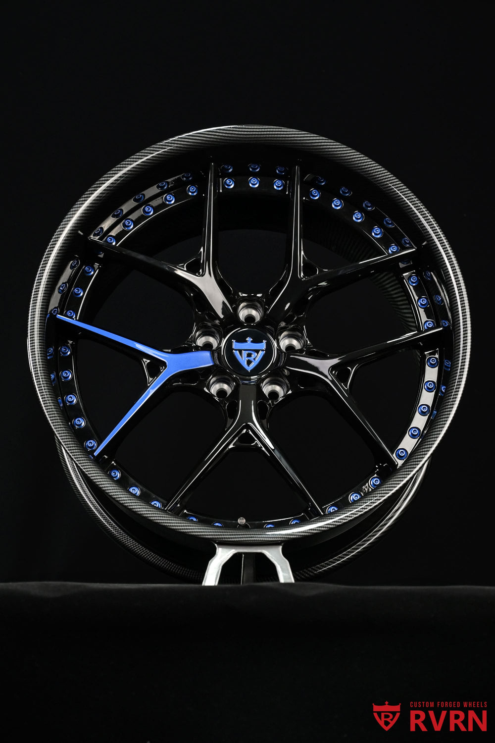 Rear RVRN RV-DR08D Dodge Challenger forged wheel in 20x11 with +6.25MM fitment, deep dish profile and gloss black finish