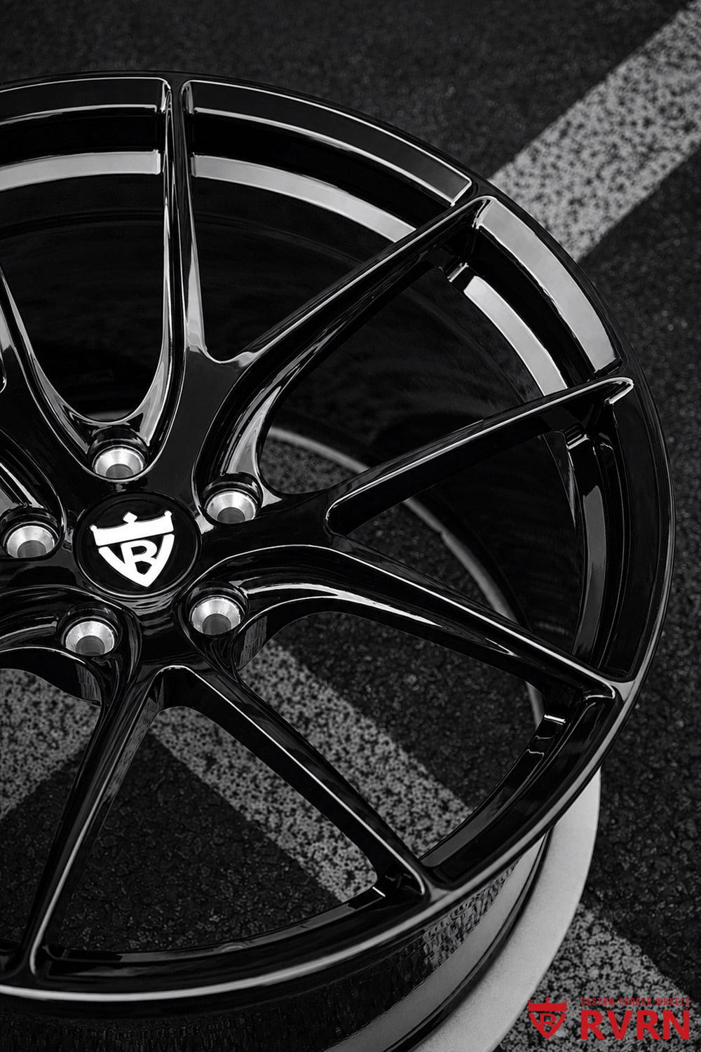 RVRN Ferrari concave forged wheels featuring the RV-MF11 Y-spoke design, gloss black finish and custom 20x10 front, 20x11.5 rear fitment