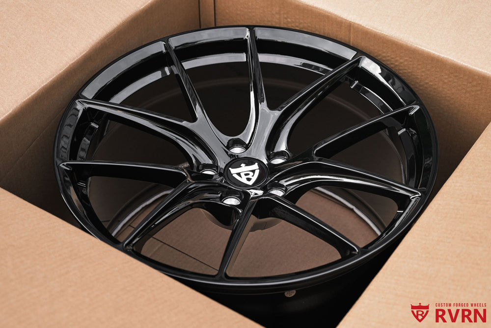 Gloss black RVRN RV-MF11 Ferrari wheels with a Y-spoke concave forged design, custom 20x10 +35MM front and 20x11.5 +40MM rear fitment