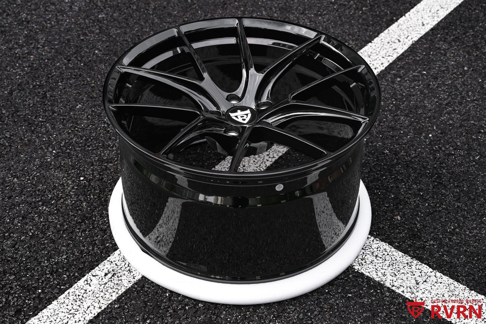 RVRN RV-MF11 Ferrari forged wheels with Y-spoke concave design in gloss black, 20x10 front and 20x11.5 rear