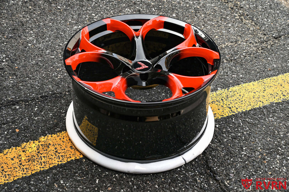 Corvette C8 Stingray with RV-MS016 forged wheel front view red fade spoke black barrel