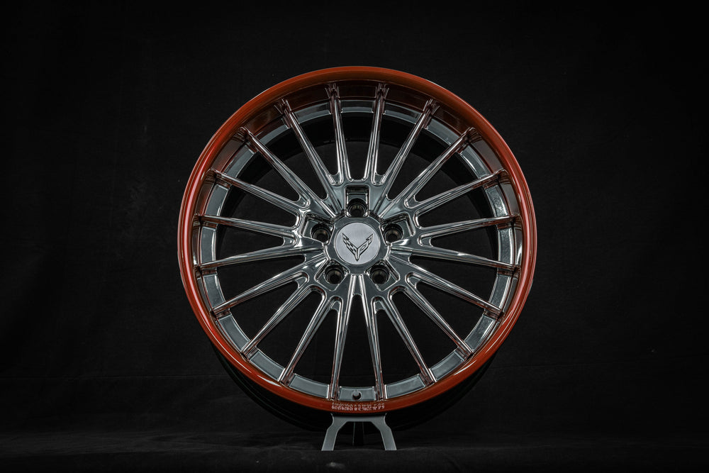2020 Corvette C8 Stingray Z51 on RVRN RV-DC08 forged wheels in Chrome Spoke with Custom Long Beach Red Lip (photo 04)