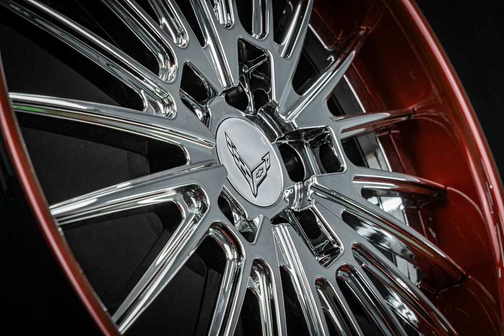 2020 Corvette C8 Stingray Z51 on RVRN RV-DC08 forged wheels in Chrome Spoke with Custom Long Beach Red Lip (photo 07)