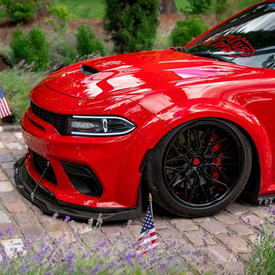 2020 Dodge Charger 392 Scatpack Widebody on RVRN RV-T081 deep dish custom forged wheels, front three-quarter close-up with lavender in the foreground.