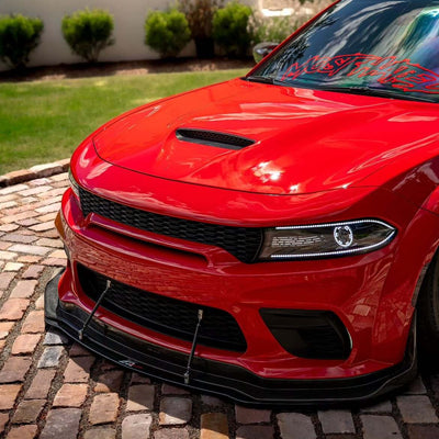 2020 Dodge Charger 392 Scatpack Widebody on RVRN RV-T081 deep dish forged wheels, low angle front close-up showing the aggressive stance and splitter.