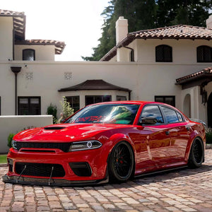 2020 Dodge Charger 392 Scat Pack Widebody on RVRN RV-T081 2-piece deep dish wheels, low front three-quarter view with the car slammed on the driveway.