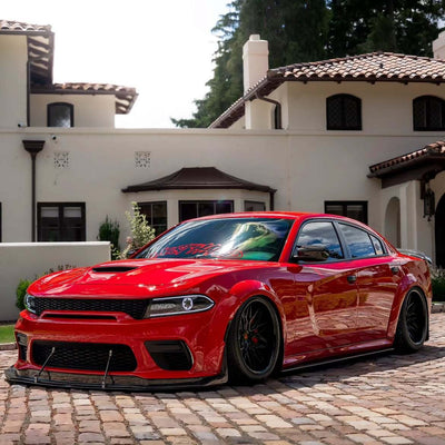 2020 Dodge Charger 392 Scatpack Widebody on RVRN RV-T081 2-piece deep dish wheels, low front three-quarter view with the car slammed on the driveway.