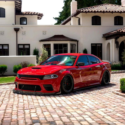 2020 Dodge Charger 392 Scatpack Widebody on RVRN RV-T081 deep dish forged wheels, front side angle showing widebody flares and low profile tires.