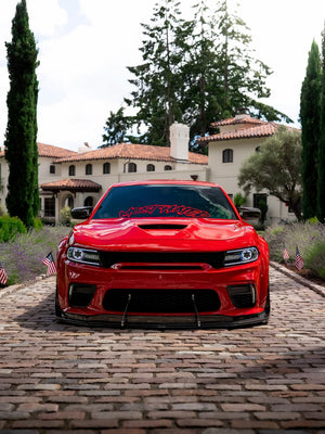 2020 Dodge Charger 392 Scat Pack Widebody on RVRN RV-T081 deep dish custom forged wheels, head-on front view framed by Italian cypress trees.